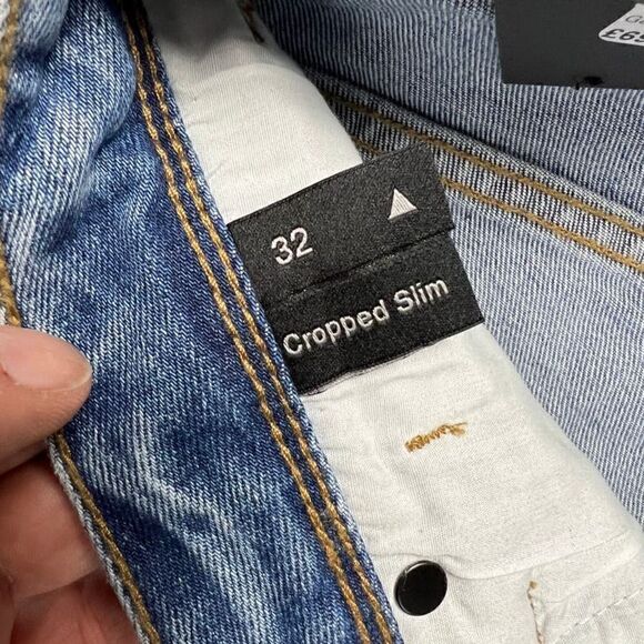 Abrand Jeans Mens 32 Relaxed Slim Taper Ankle Cropped Blue Denim Raw Hem NWT - Picture 5 of 11